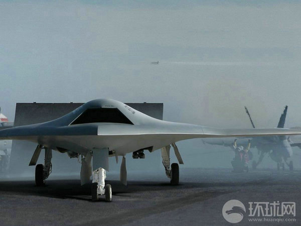 資料圖：X-47B無人機(jī)在航母上起降想象圖。