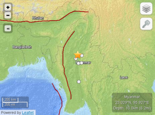緬甸發(fā)生兩次5.0級(jí)余震震源深度均為10公里