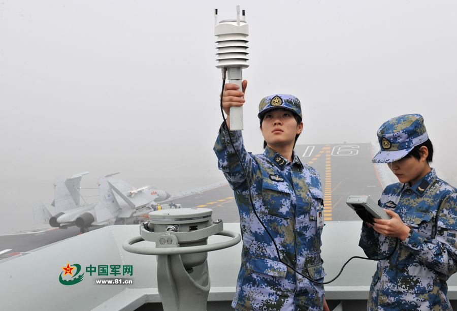 飛行前氣象值班女艦員進(jìn)行風(fēng)力參數(shù)測(cè)定。本網(wǎng)通訊員 王松岐 攝