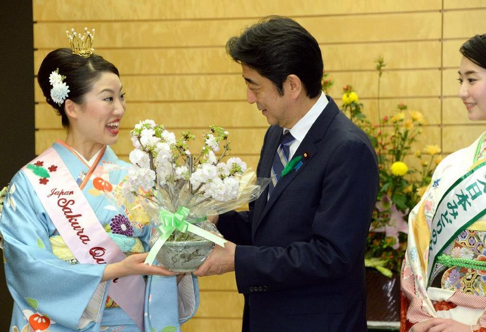 安倍接見日本櫻花女王、綠色女神